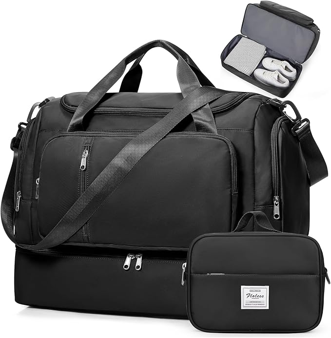 Travel Duffle Bag, Weekender Bags for Women,Overnight Weekend Carry On Personal Item Travel Bag with Shoes Compartment & Toiletry Bag,Black