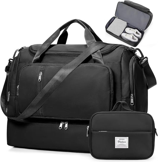 Travel Duffle Bag, Weekender Bags for Women,Overnight Weekend Carry On Personal Item Travel Bag with Shoes Compartment & Toiletry Bag,Black