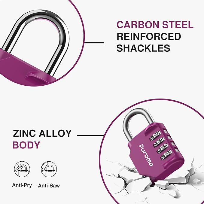 Puroma 1 Pack Combination Lock for Locker 4 Digit Outdoor Waterproof Padlock for School, Gym, Sports, Fence, Toolbox, Gate, Case, Outdoor, Hasp Storage, Cabinets (Red-Violet)