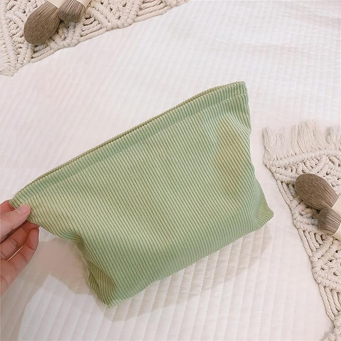HAPPYHEIDI Fresh Green Corduroy Makeup Bag with Compartment Cosmetic Toiletry Travel Pouch, Make Up Accessory Purse Organizer, Canvas Lined