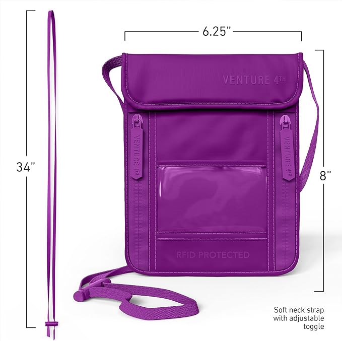 VENTURE 4TH Neck Wallet for Women & Men – RFID Blocking Passport Holder for Travel, Hidden Neck Pouch with 6 Compartments, Slim Lightweight Travel Organizer with Adjustable Strap (Sleek Purple)