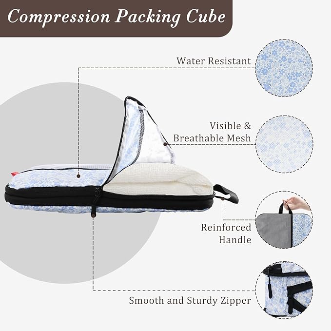 U+U 8 Set Compression Packing Cubes - Ultralight Travel Organizers with Laundry Bag and Cosmetic Bag, Space-Saving Suitcase Organizer for Travel, Business Trip and Family Vacation (Blue Flower)