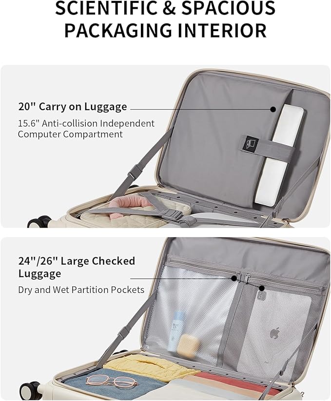 aji Expandable Top Opening Luggage Sets 2 Piece with Spinner Wheel, 20/26 Inch Luggage with TSA Lock, Lightweight PC Hard Shell Travel Luggage Suitcases for Men Women, 2-Piece Set, Coconut White