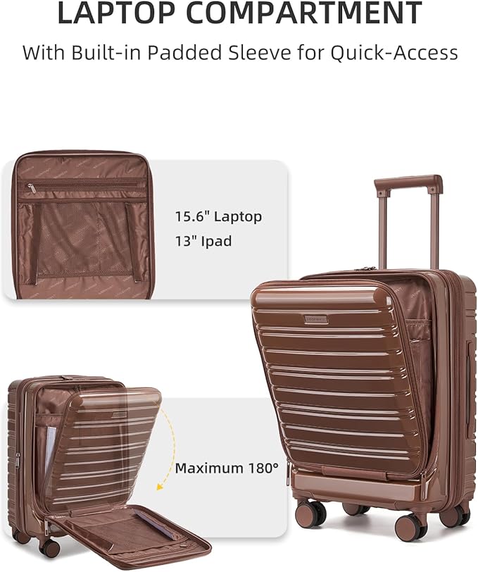 LARVENDER Carry On Luggage 22x14x9 Airline Approved, 20 Inch Expandable PC+ABS Hardside Carry On Luggage with Front Pocket Spinner Wheels TSA Lock for Women Men (Mocha)
