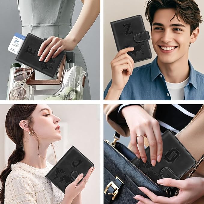 Passport Holder Cover Personalized Initial Letter A-Z Travel Wallet RFID Blocking Passport Cover Passport Book Holders for Women and Men,Black-Z