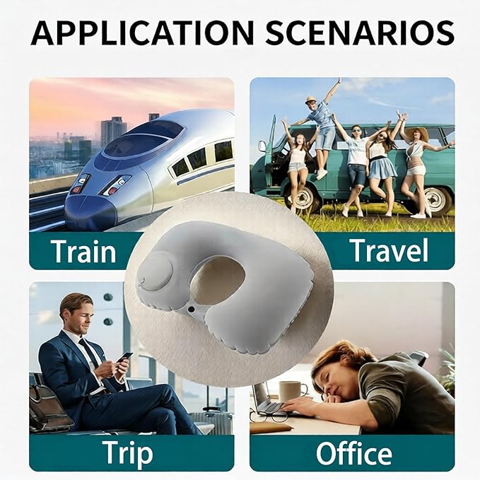 Portable Inflatable Neck Pillow for Travel - Quick-Inflate Airplane Pillow, Compact Adjustable Support for Flights Cars Trains