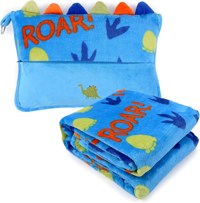 3 in 1 Travel Pillow and Blanket Set for Kids,Soft Travel Blanket Airplane Campact with Bag,Pillow Blanket for Boys with a Pocket,Backpack Clip, Luggage Sleeve (Dinosaur)