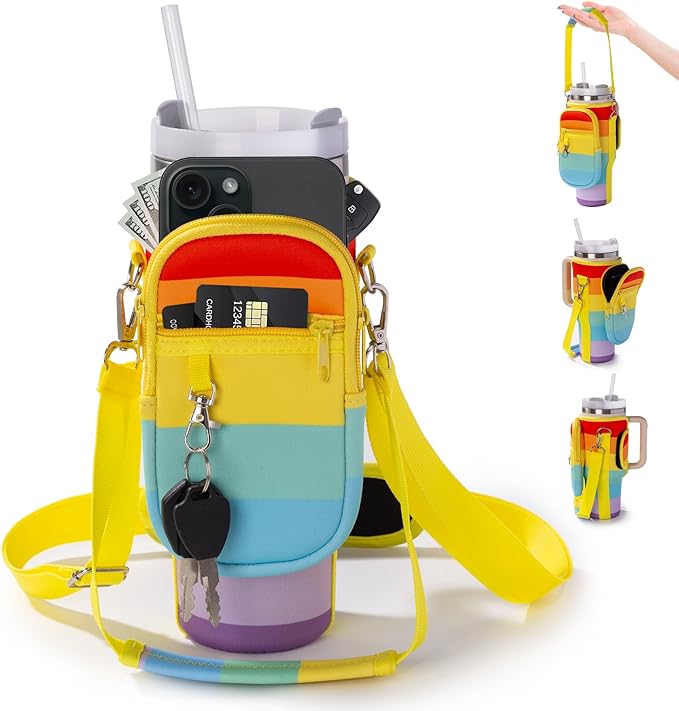 linmaya Water Bottle Carrier Bag for Stanley Cup 40/30oz with Phone Holder Pockets,Neoprene Water Bottle Cross-body Bag with Adjustable Shoulder & Hand Strap Stanley Cup Accessories