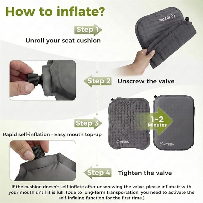 ATEPA Inflatable Seat Cushion, Self-Inflating Portable Stadium Airplane Travel Foam Cushion Pad for Camping, Sports Events, Outdoor