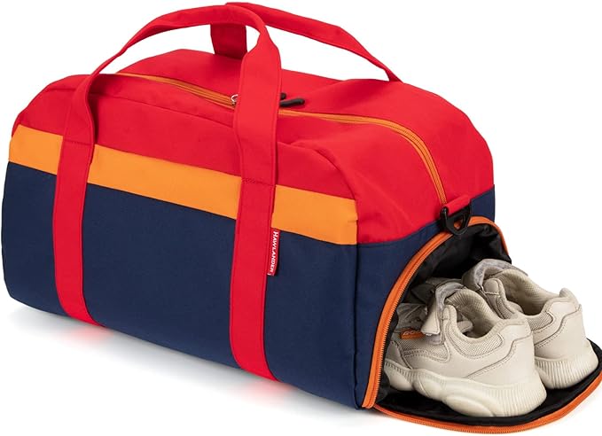 HawLander Kids Duffle Bag for Boys or Girls, Fit Sports Practice, or Overnight Travel Weekend (Navy Red)