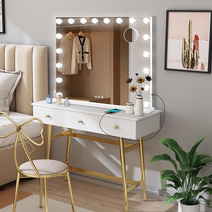 Moonee Vanity Mirror with Lights, Hollywood Lighted Makeup Mirror with 18 Dimmable Bulbs and 10X Magnification, 3 Colors Modes, Light Up Mirror, Gifts for Women, Girls,Dorm Room Essentials（32" x 24"）