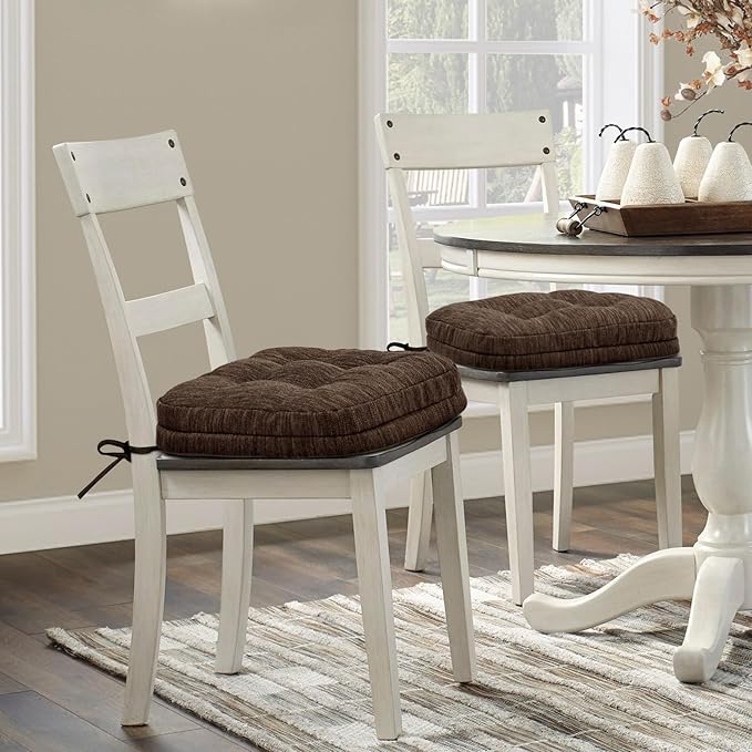 Shinnwa Dining Chair Cushions Set of 6, Dual-Layer Memory Foam Kitchen Chair Cushions, Patented Design Seat Pads with Ties, 16.5 x 16.5 x 3.5in, 6 Pack, Dark Brown