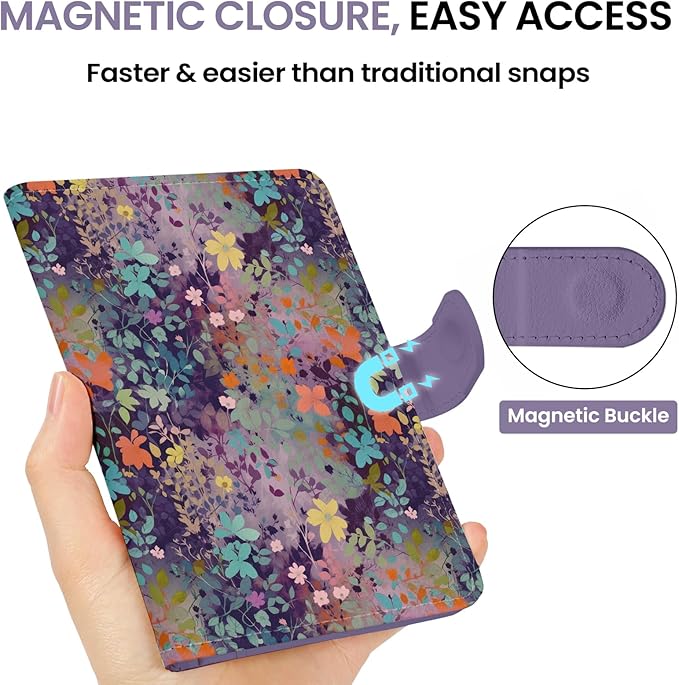 Passport Holder for Travel Essentials, RFID Blocking Leather Cover Wallet with Magnetic Closure, Aesthetic & Cute Passport Book Case for Women and Men - Violet