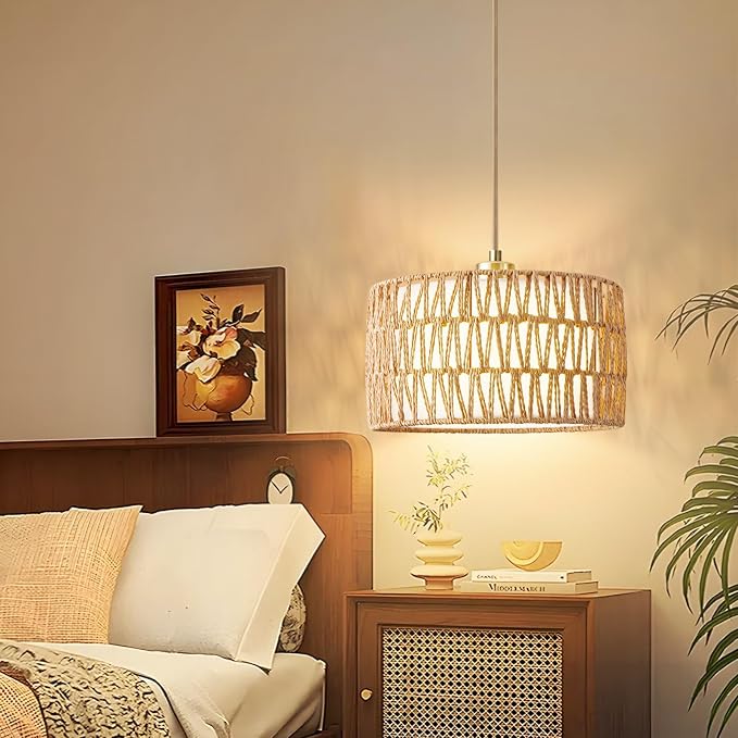 Plug in Pendant Light Rattan Hanging Lights with Plug in Cord | Woven & Fabric 2 in 1 LampShade, Hanging Lamp Plug in for Bedroom Living Room Kitchen Island (Bulb Included)