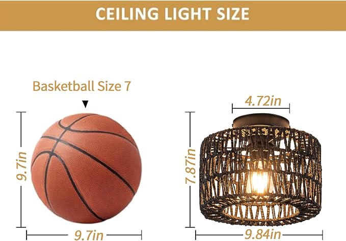 Rpzloila Rattan Ceiling Light, 1 Light Farmhouse Woven Flush Mount Ceiling Light, Boho Light Fixture for Bedroom Living Room Hallway Entryway, Black Finish