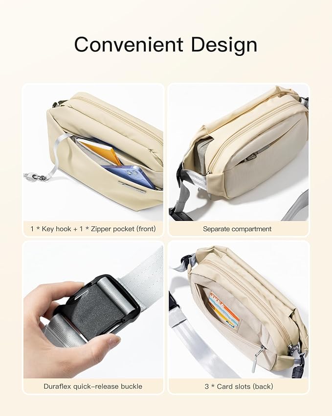Inateck Sling Bag X, Multi-pocket Crossbody Shoulder Chest Bag with Adjustable Shoulder Strap, Water-resistant Waist Fanny Pack for Men, Women, Travel, Daily Use, Cycling, Hiking, Beige, Small