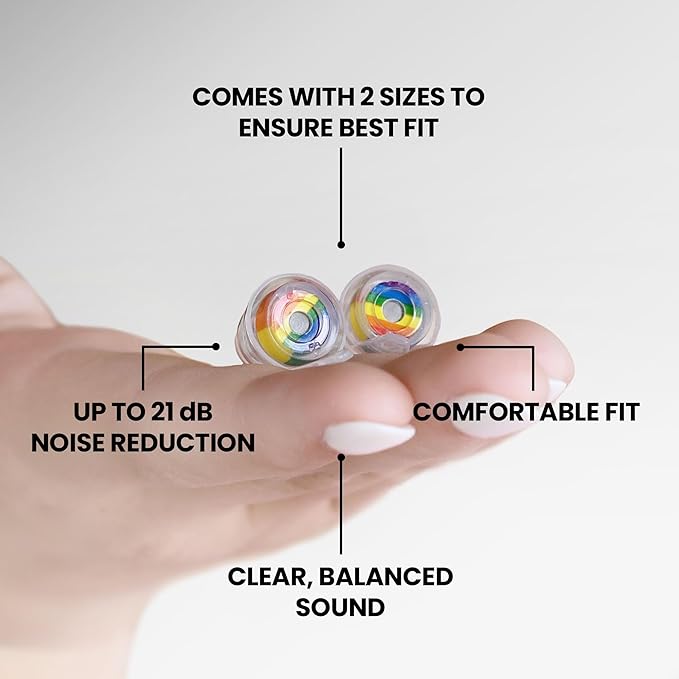 Eargasm High Fidelity Rainbow Earplugs for Concerts, Festivals, Musicians, DJs, Night-Life, Motorcycle Hearing Protection - Reusable Ear Plugs for High Fidelity Noise Reduction up to 21 dB
