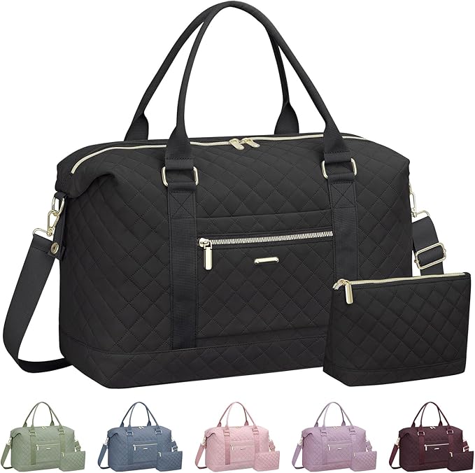 Quilted Travel Duffle Bag for Travel Women with Toiletry Bag, Large Weekender Bags for Women Carry on Duffel Overnight Bag, Waterproof Travel Tote Bags for Sports, Weekender, Business, Black
