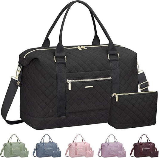Quilted Travel Duffle Bag for Travel Women with Toiletry Bag, Large Weekender Bags for Women Carry on Duffel Overnight Bag, Waterproof Travel Tote Bags for Sports, Weekender, Business, Black