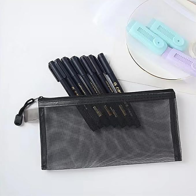 OZY 10 Pieces Nylon Zipper Mesh Pouch,Cosmetic Bags,Zipper Bags for Organizing Storage,Puzzle, Board Games,Multipurpose Travel Bags and Office Supplies (Black)