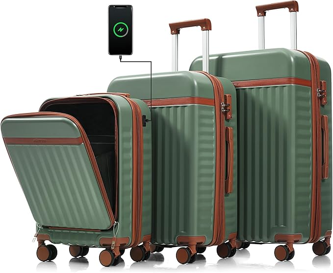 Hardshell Luggage, Lightweight Suitcase with Spinner Wheels, GREEN+USB