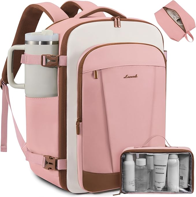LOVEVOOK 40L Travel Backpack for Women & Men, Airline Approved Carry On Backpack, TSA Personal Item Bag fits 17.3 Inch Laptop, Waterproof Weekender Overnight Bags Suitcase for Work, Pink-Beige-Brown