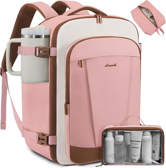 LOVEVOOK 40L Travel Backpack for Women & Men, Airline Approved Carry On Backpack, TSA Personal Item Bag fits 17.3 Inch Laptop, Waterproof Weekender Overnight Bags Suitcase for Work, Pink-Beige-Brown