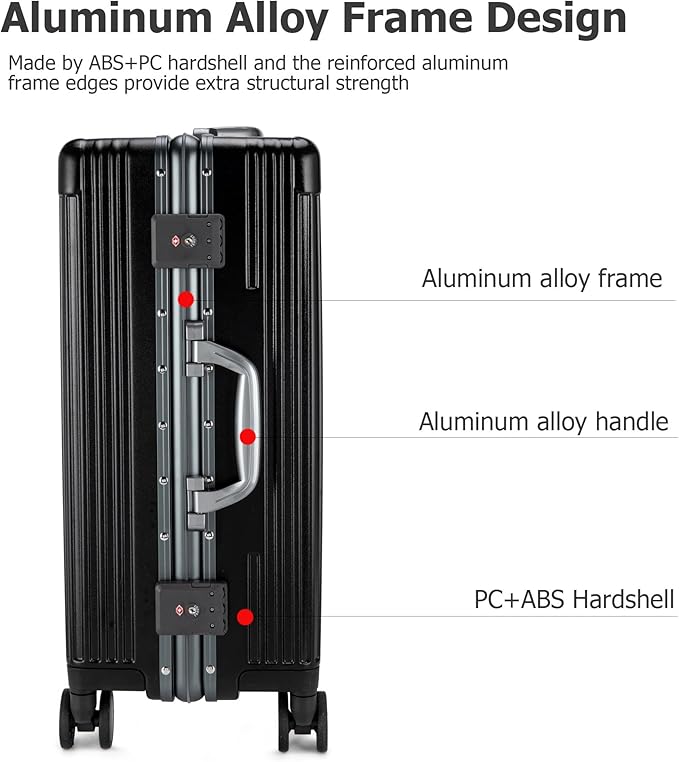 feilario Aluminium Frame PC Hard Shell Spinner Wheels Luggage,22.5"X15"X9.5" Airline Approved Built-In TSA lock Carry on Suitcase, with Cup Holder, USB Port, Phone Holder