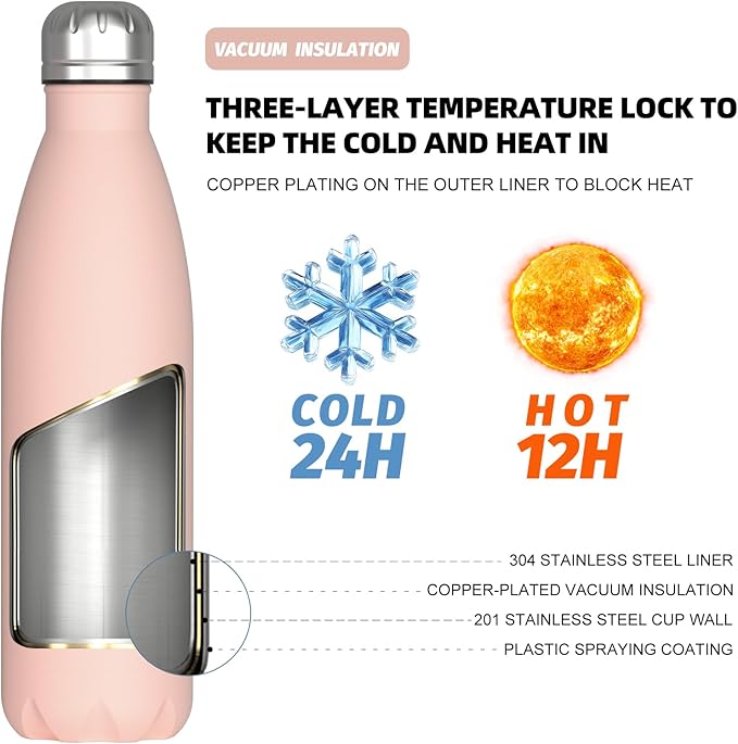 WATERSY Stainless Steel water bottles,17oz/500ml Insulated Water Bottles,Pink metal water bottle Keeps Drink Cold and Hot,BPA Free kids water bottles for School,Gym,Travel,Sports