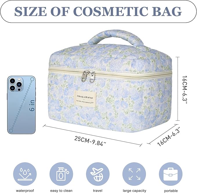 1pc Large Makeup Bag, Cute Cosmetic Bag for Women Girls, Floral Coquette Aesthetic Toiletry Bag, Travel Make Up Organizer Bag (Green Leaves Blue Flowers)