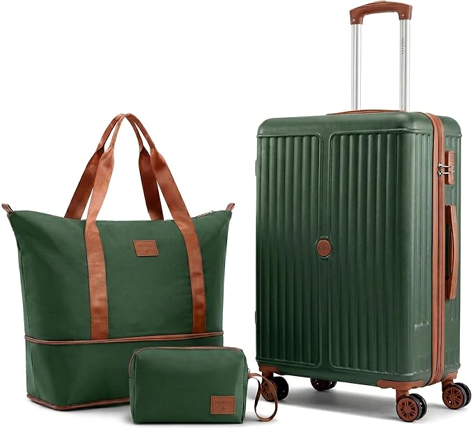 Hoteel Luggage Sets 3 Piece ABS+PC Hardside, 4-Year Warranty, Luggage Set with Spinner Wheels, TSA Lock, Lightweight Carry on Luggage, 20" Suitcase with Duffel & Organizer, Dark Green