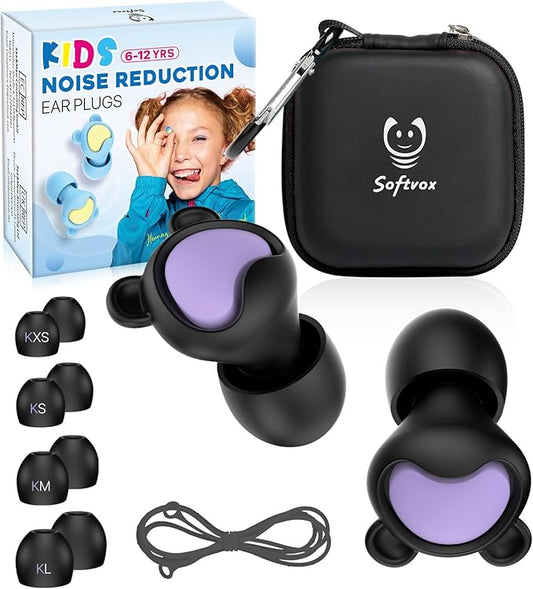 Kids Ear Plugs (6-12 Years) with Cord, Kids Ear Protection Reusable Noise Relief Earplugs for Focus, Travel, Concert, Socializing, Events, Sleep, Anxiety, Home, School, Playtime -26dB Noise Reduction