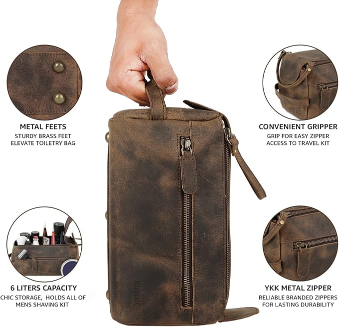 KomalC Premium Buffalo Leather Toiletry Bag for Men & Women With Water resistant Lining, Grooming Travel Pouch, Unisex Wash Bag for Toiletries, Gifts for Men and Women