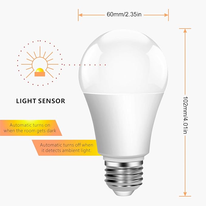 Boxlood Dusk to Dawn LED Light Bulbs, Built in Light Sensor, Plug and Play, 9W 6000K Cool White, 60W Halogen Equivalent, A19 E26 Base, AC120V, Auto On/Off Indoor Outdoor Lighting Bulb (2 Pack)
