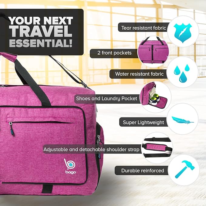 Bago Large Duffle Bag for Travel Women & Men. Durable Lightweight Foldable Travel Duffel Bags For Traveling Women. 100L Duffle Bags for Overnight Bag With Shoe Compartment Collapsible Weekender duffel