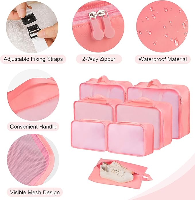 Packing Cubes, 7 Pcs Travel Packing Organizers for Suitcases, Large Capacity Travel Luggage Organizer Set includes 7 Storage Bags, Travel Essentials for Women or Men (Pink)