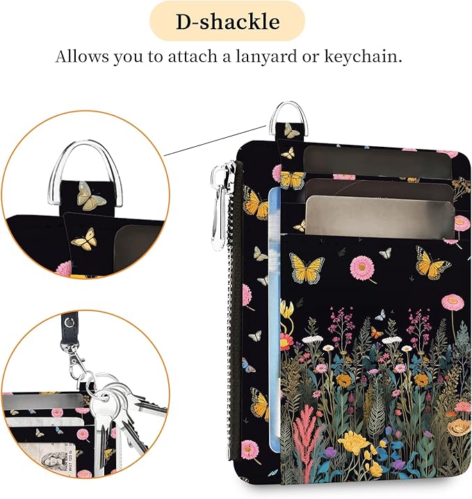 Hancynir Slim Wallet Women Credit Card Holder Butterfly Flowers Night RFID Small Mini Card Case Front Pocket PU Leather Thin Travel Zipper Coin Cash ID Window Girls Wallet Gifts