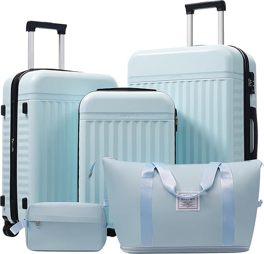 Merax Luggage Sets 5 Piece,Hardshell Expandable Suitcase with Spinner Wheels and Travel Bags,Lightweight Carry on Luggage,20/24/28IN,Light Blue