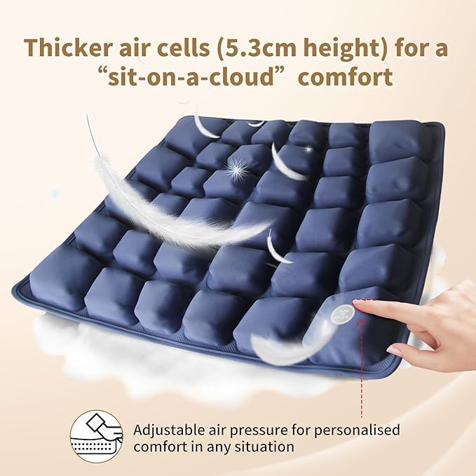 Air Inflatable Travel Seat Cushion with Built-in Pump & Carry Bag– Portable & Adjustable for Airplane, Car, Office – Coccyx, Sciatica & Tailbone Pain Relief (Blue)