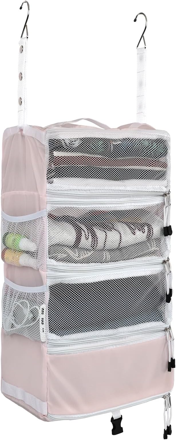 Surblue Travel Hanging Luggage Organizer Portable Suitcase Closet Organizer Multiple Compartments Collapsible Compression Packing Cubes Shelf, Pink, S