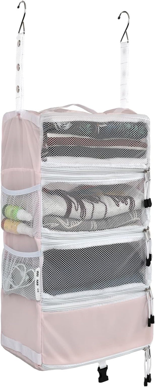 Surblue Travel Hanging Luggage Organizer Portable Suitcase Closet Organizer Multiple Compartments Collapsible Compression Packing Cubes Shelf, Pink, S