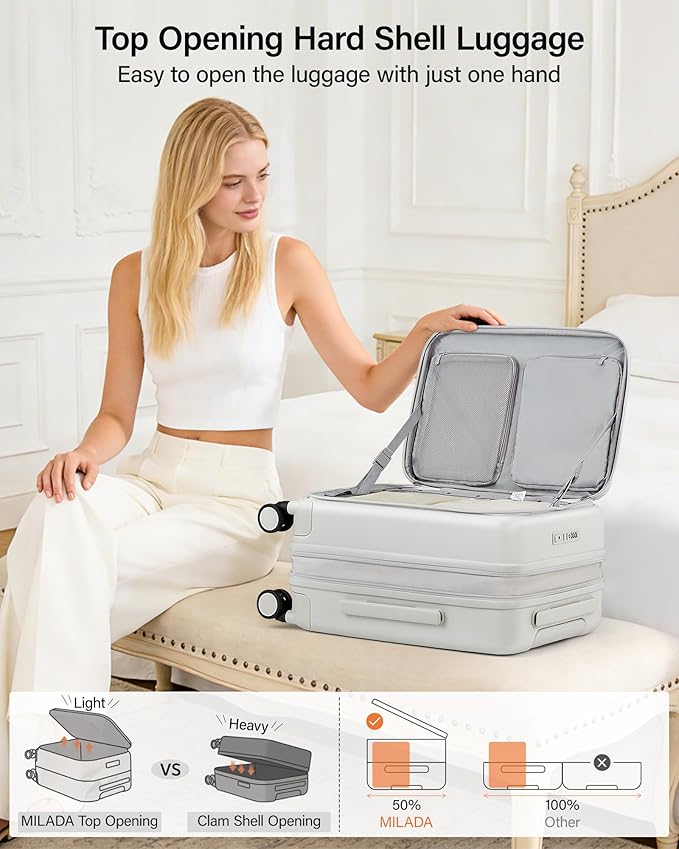 MILADA 24 Inch Checked Luggage, Expandable Hardshell Suitcase with 360° Spinner Wheels & TSA Lock, Lightweight Medium Rolling Luggage for Men and Women Travel, White