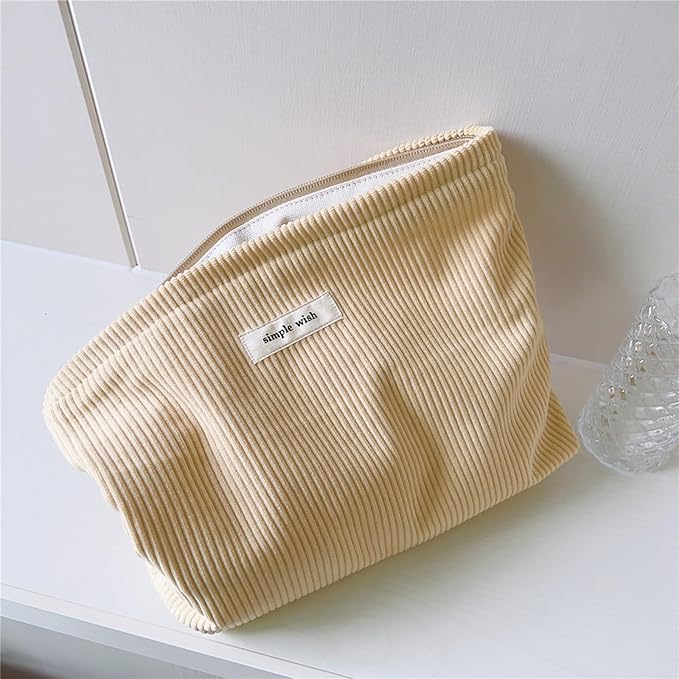 Wudygirl Makeup Bag,Large Capacity Cosmetic Travel Bag,Cute Corduroy Toiletry Bag for Women,Makeup Bag Organizer Handbags Purses Zipper pouch(Light Yellow)
