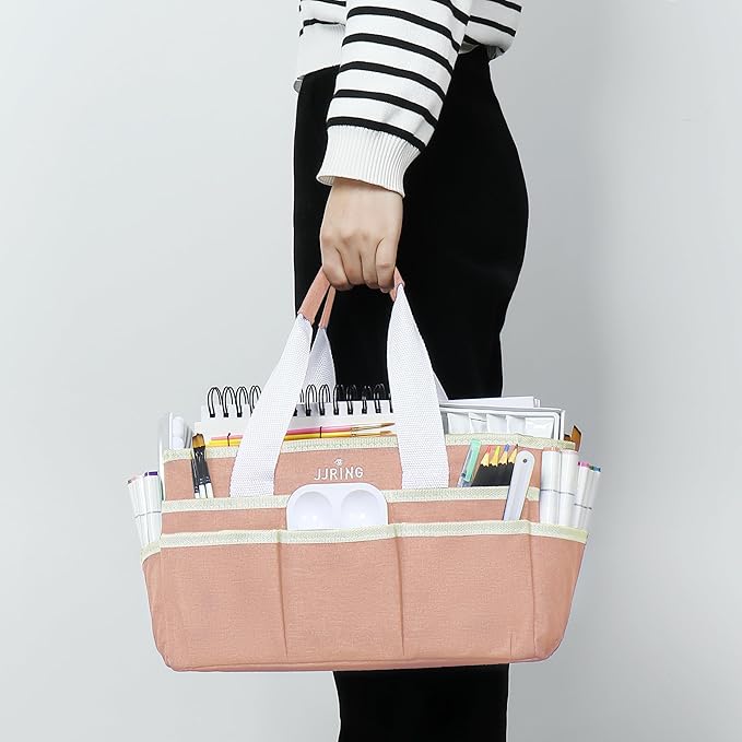 JJRING Craft Organizer Tote Bag, Art Storage Caddy with Multiple Pockets, Beige Sewing Bag for Art, Craft, Scrapbooking, School, Medical, and Office Supplies Storage