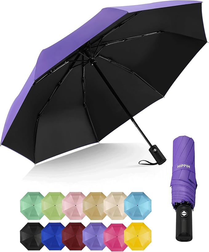 HIPPIH Compact Travel Umbrella for Rain - Windproof Automatic Umbrellas, UV Umbrella for Sun Protection with Black Anti-UV Coating, Portable Small Umbrellas for Backpack, Car, Walking, Kids, Women
