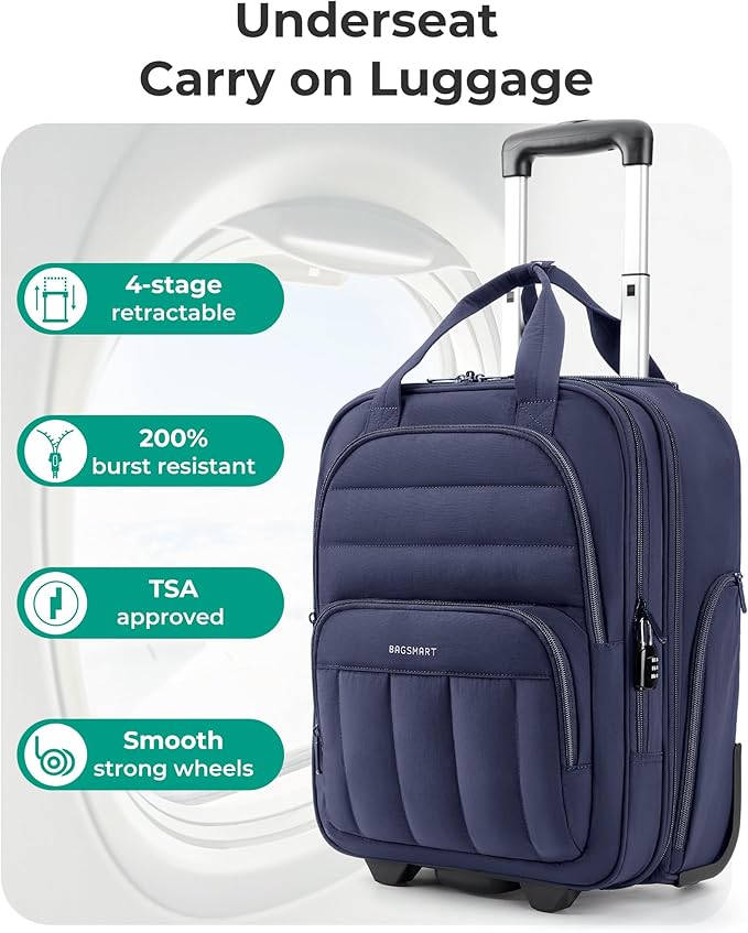 BAGSMART Small Underseat Carry on Luggage with Wheels, 16 inch Small Under Seat Luggage, Lightweight Travel Suitcase for Women, Navy Blue