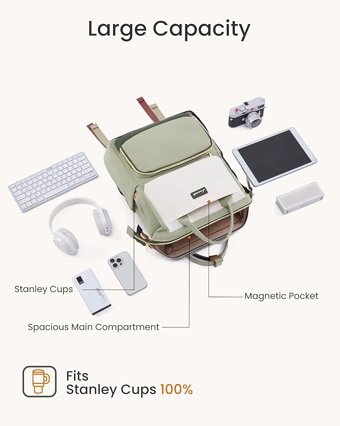 LOVEVOOK Laptop Backpack for Women with Giant Tumbler Holder Pocket, 15.6 inch Travel Work Backpack Purse for Nurse Teacher, Waterproof School Bag College Bookbag Cute Casual Daypack for Girls Green