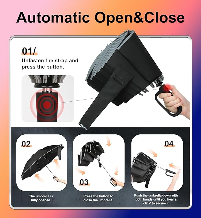 QWB TUMAAOTU Inverted Umbrella with Carabiner Handle, Compact Wind Proof Umbrellas For Rain and Sun Protection, Portable Reverse Folding Umbrella, Car Umbrella for Women Men, 10 Ribs