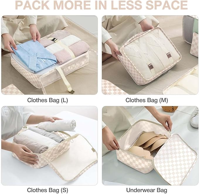 8 Set Packing Cubes for Suitcases,Packing Cube with Shoe, Cosmetics, Clothing, and Accessories Bags Packing Cubes for Travel Luggage Organizer Women Men(Khaki Grid-A)
