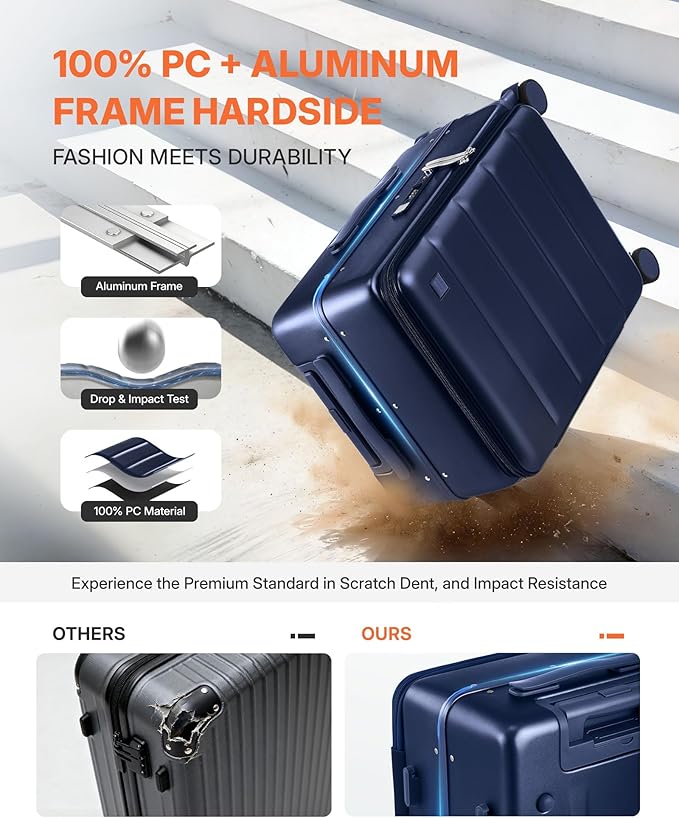 20IN Carry On Luggage,Top Opening Aluminum Frame Hardside 100% PC Airline Approved Suitcase -with TSA Lock,Cup Holder,USB Charge,Side Pothook, 360°Spinner Wheels-Navy Blue